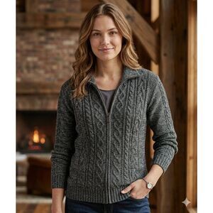 Cabelas Cardigan Sweater Womens Sz M Full Zip Cable Knit Fisherman Grandma Gorp